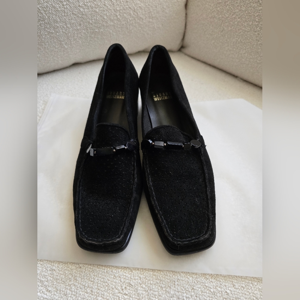 Stuart Weitzman , French Horn, Suede Beaded Low Heel Loafer, Black, Size 7